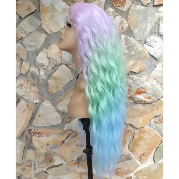 New long wavy pastel rainbow lace front wig - Picture 2 of 5